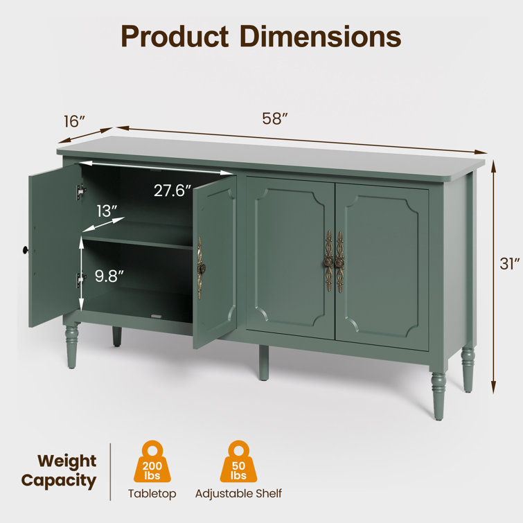 Collynns 58" W Sideboard Cabinet with Adjustable Shelves and 4 Doors