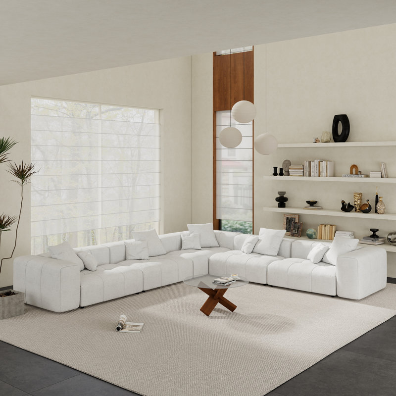 Canapé modulaire Kay Crumley, Mélange de lin blanc, H 24,8 po x l 144,17 po x P 132,30 po, Symétrique