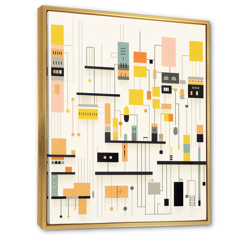 Modern City Retro Cubist Abstract on White - reproduction imprimée, H 32 po x l 24 po, Cadre flottant doré