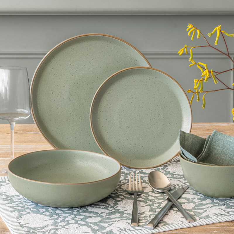 Over&back 16-Piece Artisan Stoneware Dinnerware Set, Green