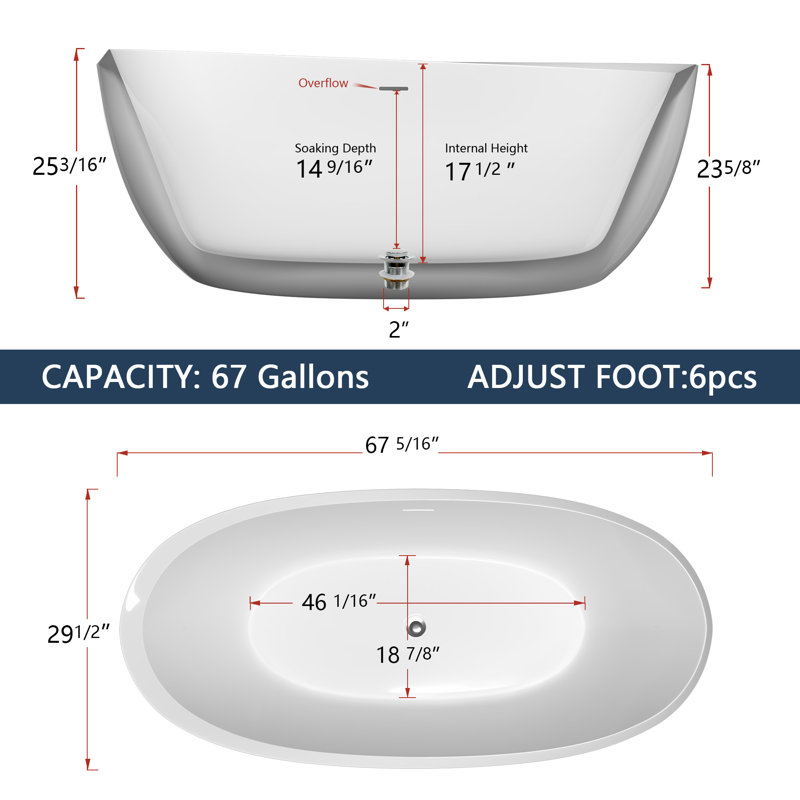 67'' x 30'' Freestanding Soaking Acrylic Bathtub