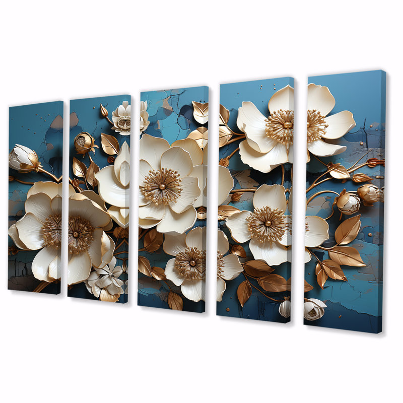 Orchidée blanche dorée et bleue, arbre II - ensemble de 5 décorations murales florales abstraites, H 28 po x l 60 po