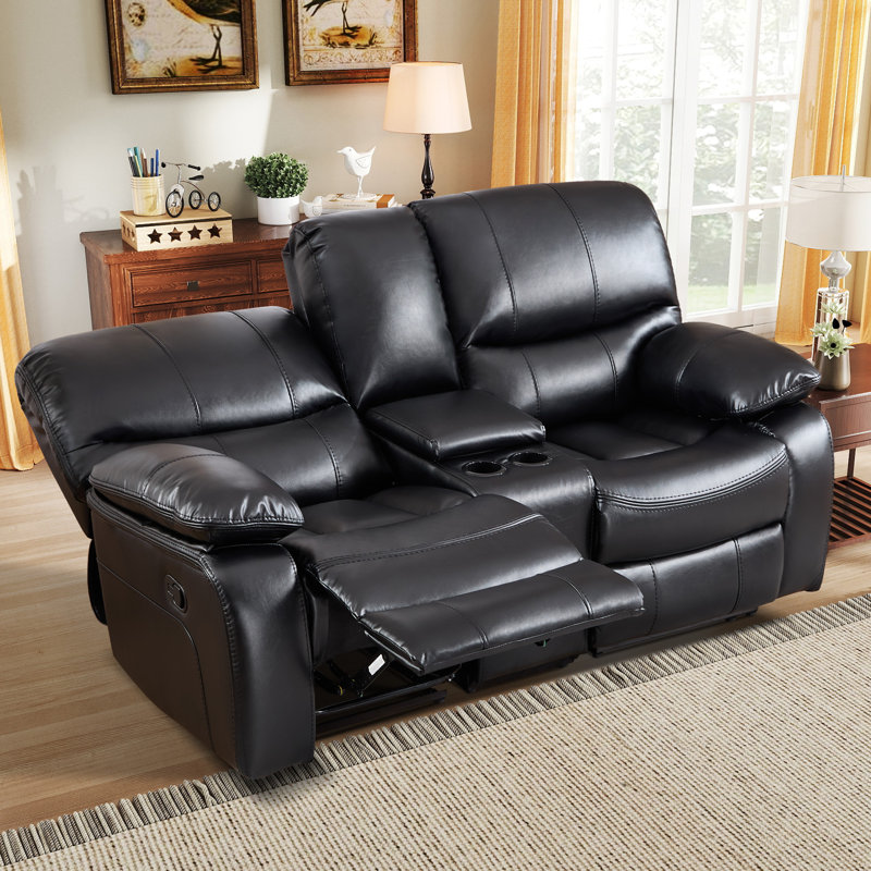 77'' Wide Upholstered Faux Leather Manual Reclining Loveseat With Center Console And Cup Holders, Black