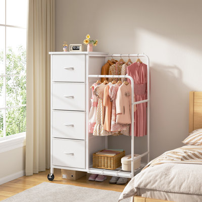 Commode avec tiges doubles suspendues, organisateur de rangement 3-en-1 avec 4 tiroirs en tissu et tablette, armoire à roulettes peu encombrante pour la chambre à coucher, le vestibule, le couloir