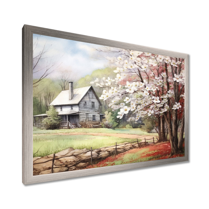 Cornouiller blanc à la ferme III - art mural cornouiller, H 30 po x l 40 po, Impression encadrée, Argent argent