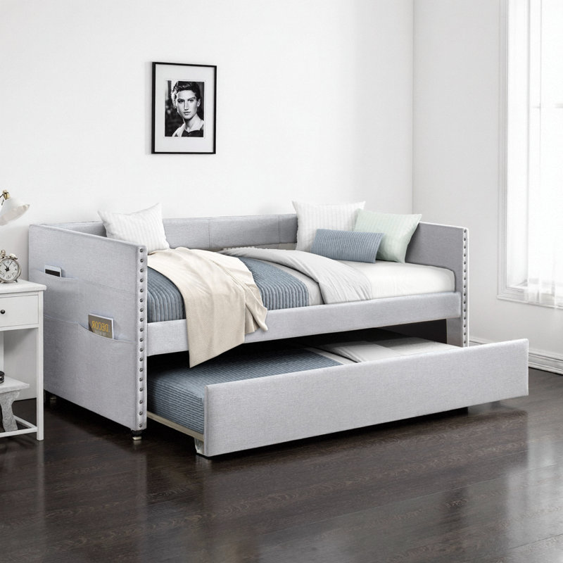 Modern Upholstered Daybed with Pull-Out Trundle - Twin Size Bed with Side Pockets & Nailhead Trim for Bedroom, Living Room, Guest Room