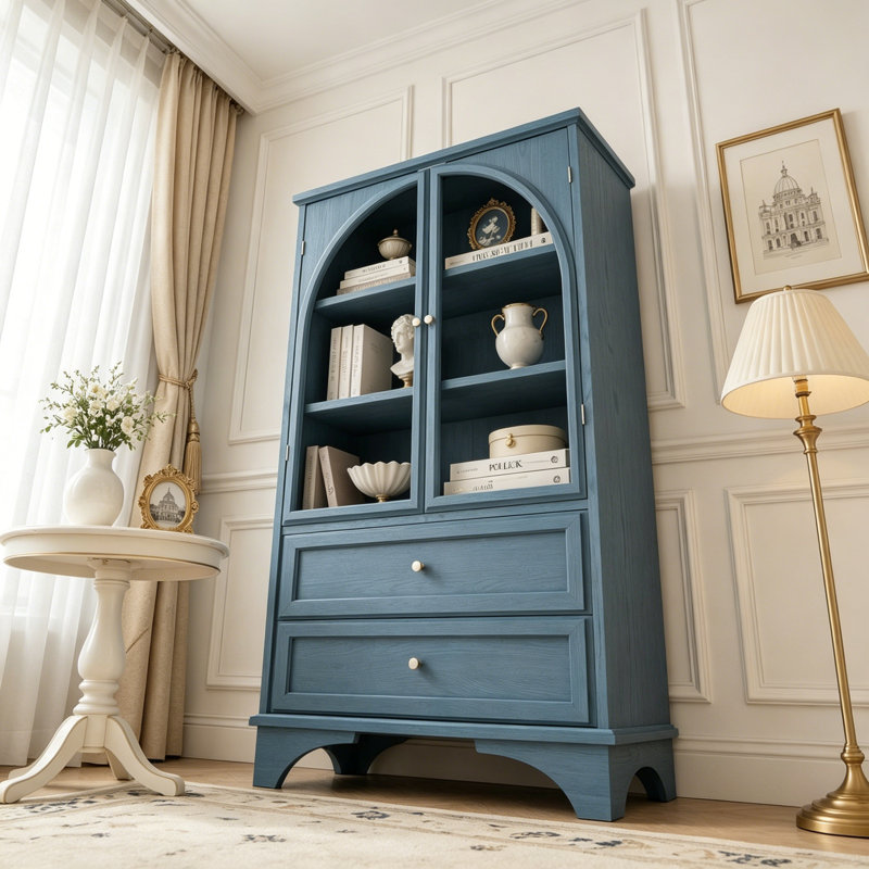 Vitrine à porte en verre avec 2 tiroirs et tablette réglable, Blue