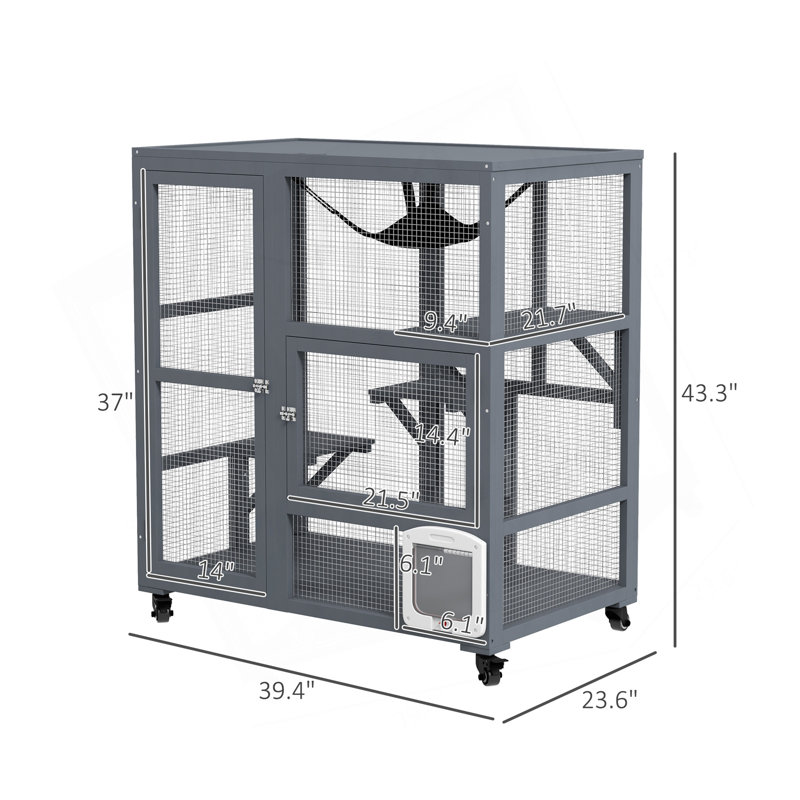 Maison pour chat, cage intérieure pour chat sur roulettes, cage pour chat en bois avec porte à rabat, hamac à plateforme et plateau ouvert pour 2 chats, 39 po