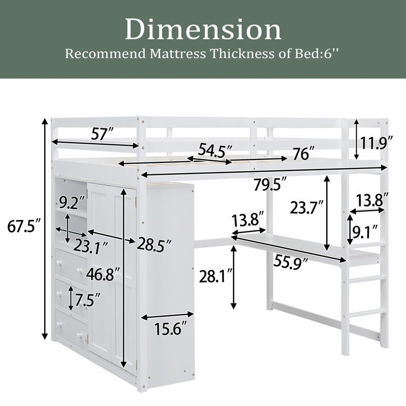 Lit mezzanine double avec tiroirs Dimmick Kids, Blanc