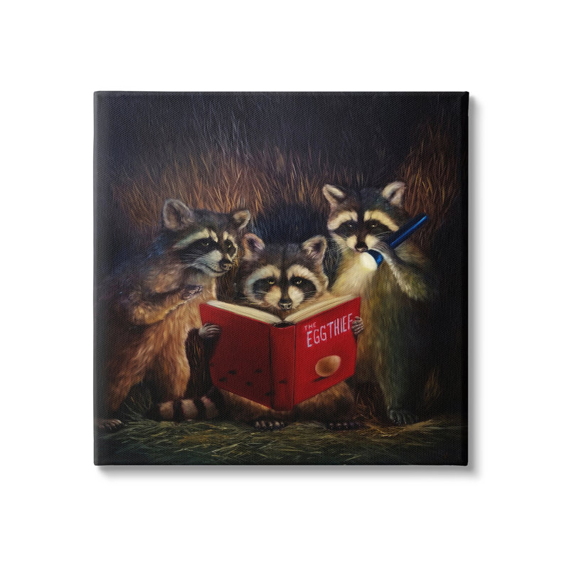 «Fun Raccoon Trio» par Lucia Heffernan - peinture sur toile tendue, H 17 po x l 17 po x P 1,5 po
