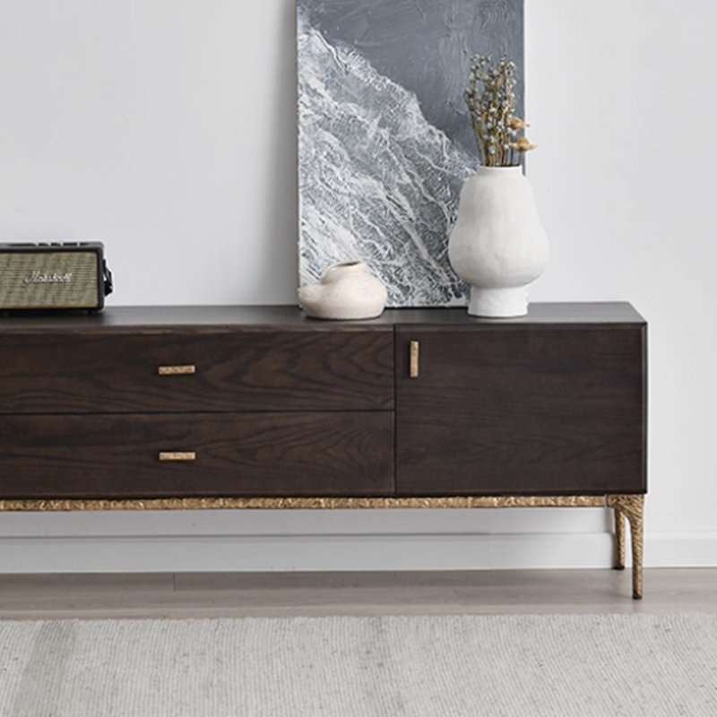 Meuble télé minimaliste de conception rétro, H 23,62 po x L 78,74 po x l 15,74 po, Or / bois brun foncé