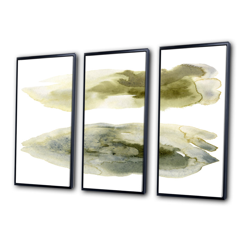 «Dark Green Abstract Clouds I», peinture sur toile flottante 3 pièces, H 28 po x l 36 po, Noir