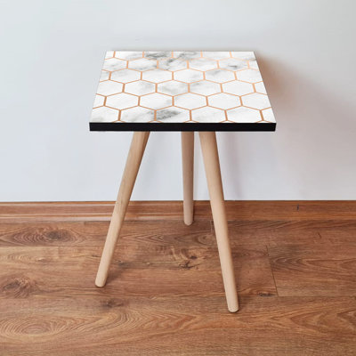 Modern Side Table with Beech Wood Legs, White & Beige, 13.8 x 16.5 x 13.8 inches | 100% MDF, Thickness: 0.7 inches | Stylish Geometric Design, Perfect for Living Room, Bedroom, or Office Decor