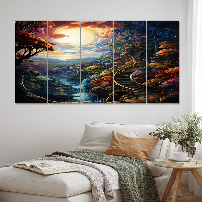Magie marchant vers le grand mystère I - décoration murale paysage abstrait - 5 panneaux égaux