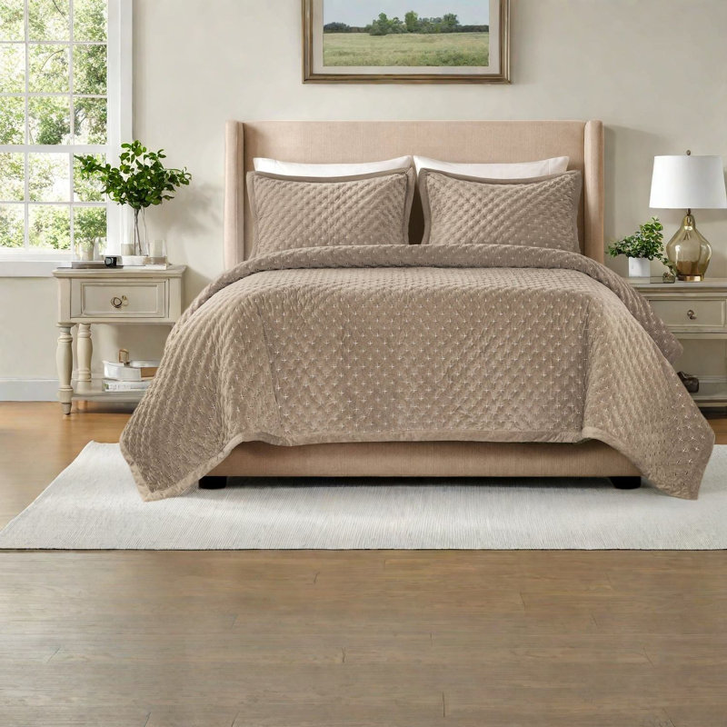 Ensemble de literie en velours Queen - Pièce, couvre-lit matelassé taupe avec taies d'oreiller