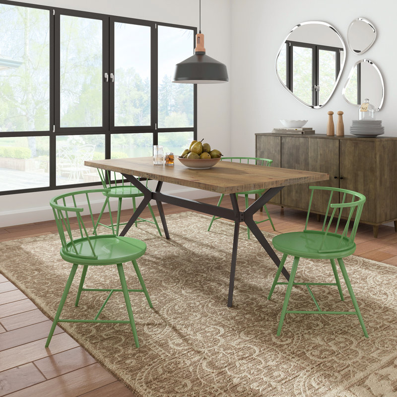 Breaux 70" Iron Gray Metal Base Dining Table And Low Back Windsor Chairs Set - Table And 4 Chairs, Meadow Green, Light Pine