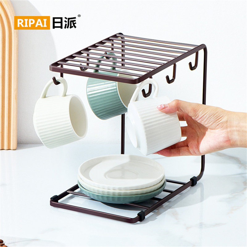 Hanging Cup Rack And Drain Tray - Space-Saving Design For Mug And Glass Storage