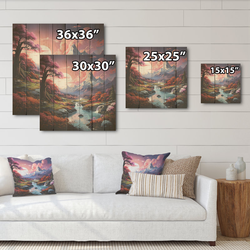 Charme de montagne fantaisie au clair de lune - Montagnes, art sur bois de pin naturel, H 15 po x l 15 po