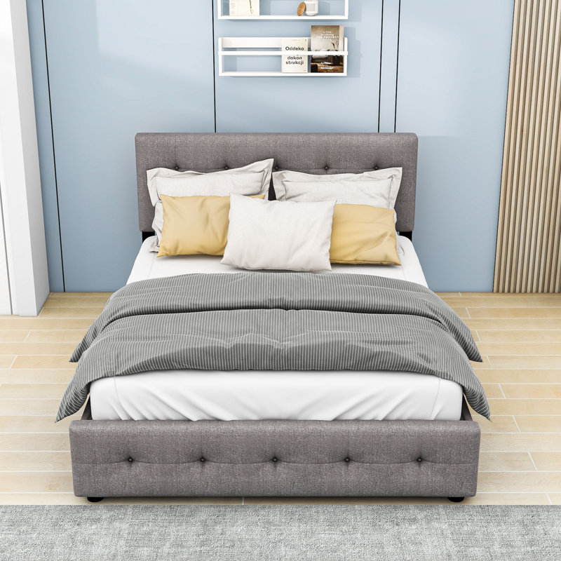 Markeon Queen Size 2 Drawers Upholstered Platform Bed with Twin XL Size Trundle, Light Gray