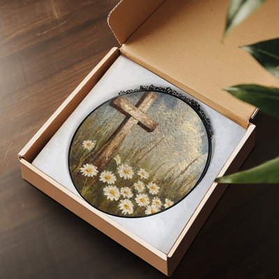 Rustic Cross Among Daisies Painting Stained Glass Panels Suncatcher for Window Decor