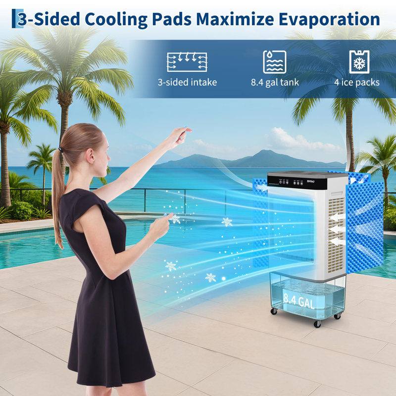 Air Cooler 3000 CFM Evaporative Air Cooler with 8.4Gal Water Tank, 4 Ice Packs, 3-Speed, 120° Oscillation, Remote Control and 12H Timer, 80W Portable Floor Standing Fan for Workshops, Garage