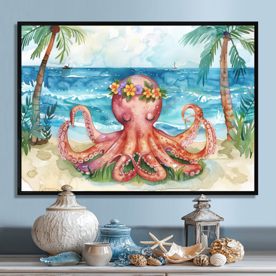Pieuvre méditant sur la plage à Hawaï - Pieuvre / calmar, art mural, salon