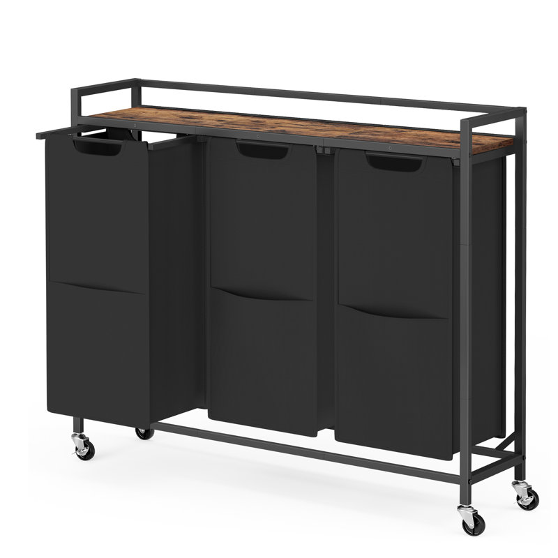 Trieur de linge, 43,5 gallons (165 L) Panier à linge avec 3 compartiments, chariot à roulettes, tablettes, sacs amovibles, poches