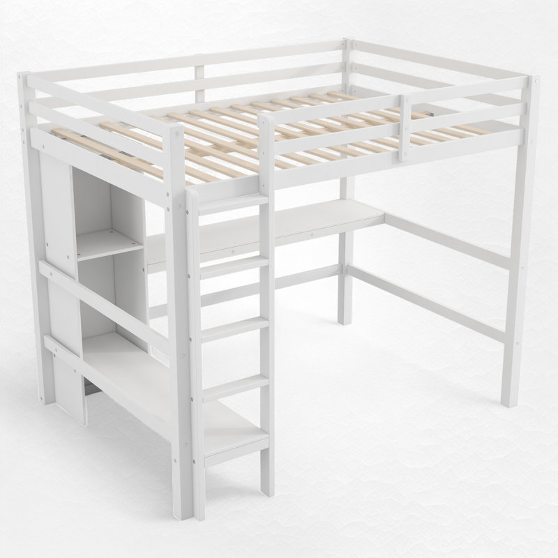 Lit mezzanine double avec bureau intégré et tablettes, Blanc