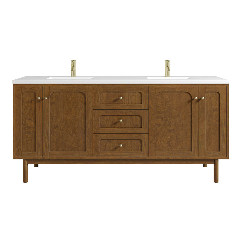 Laurent 72" Double Bathroom Vanity Set, White Zeus, Single-Hole, Honey Brown