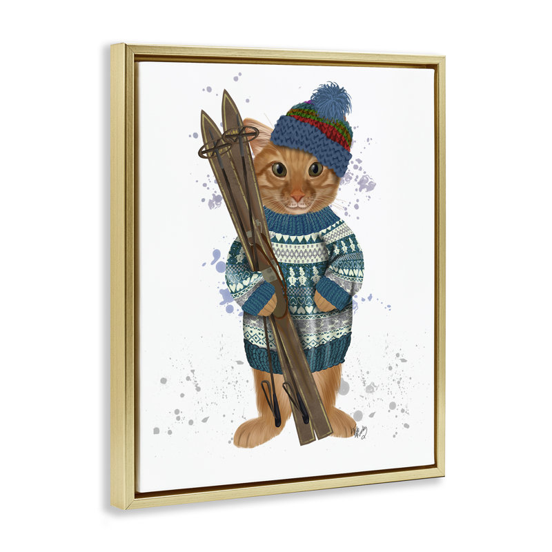 Chat avec des skis d'hiver, art mural par Fab Funky, H 31 po x l 25 po, Cadre flottant métallique doré
