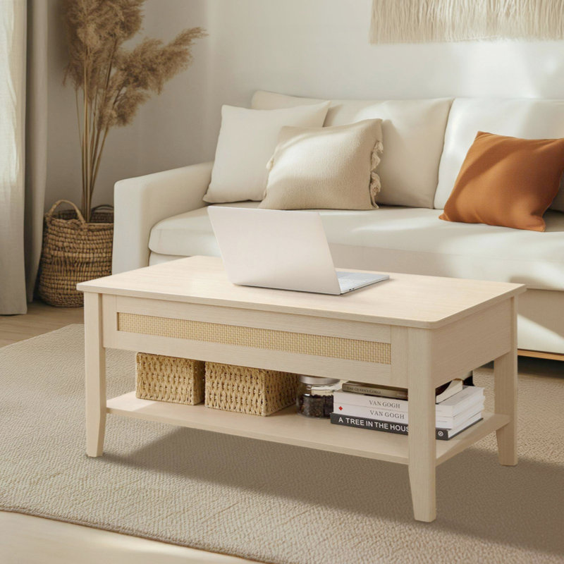 Table basse à plateau relevable avec rangement et tablette inférieure ouverte