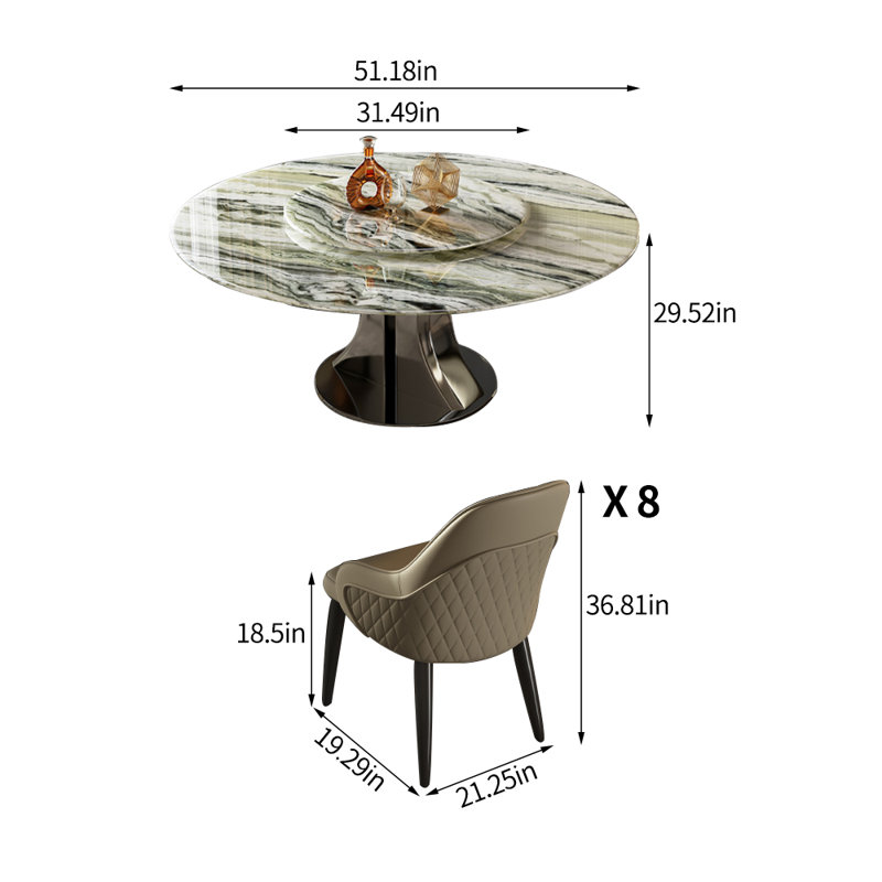 Modern Luxury Marble Round Dining Table Set, 29.52"H x 51.18"L x 51.18"W, 9 Pieces: Table, 8 Chairs