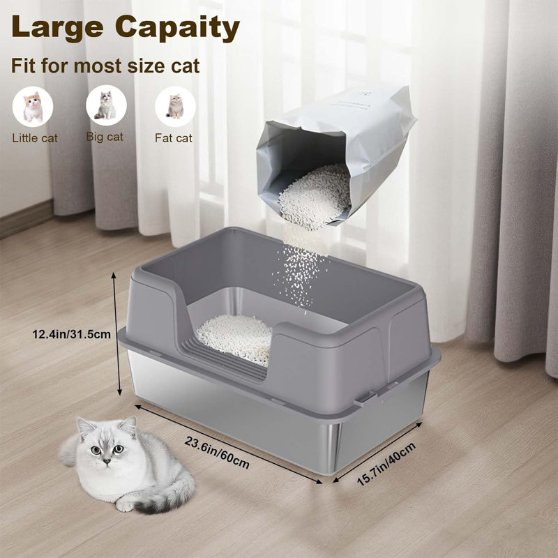 Stainless Steel Litter Box with Scoop, Grey, 31.5cm H x 39.9cm W x 59.9cm D