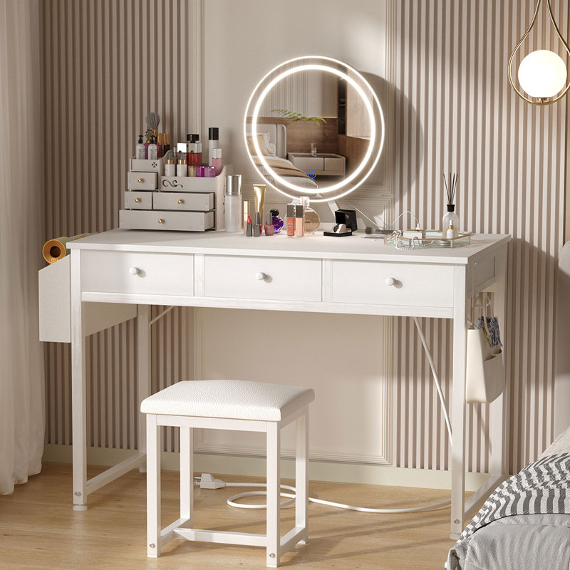 Makeup Table Vanity Set With Lighted Mirror & Bench, White