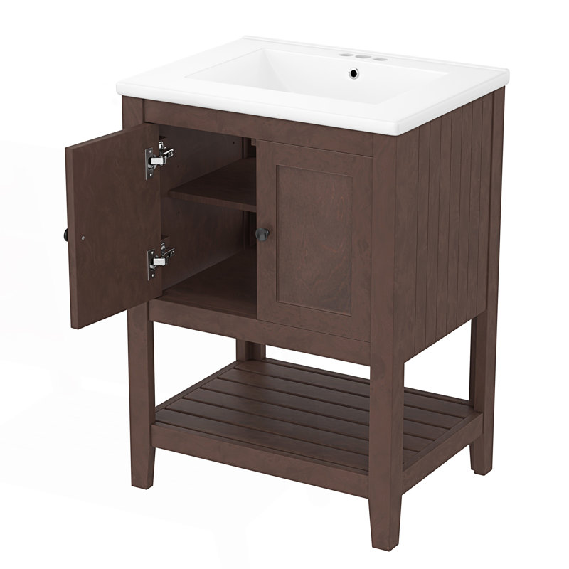 Meuble-lavabo moderne et élégant avec lavabo en céramique et tablette ouverte, Brun