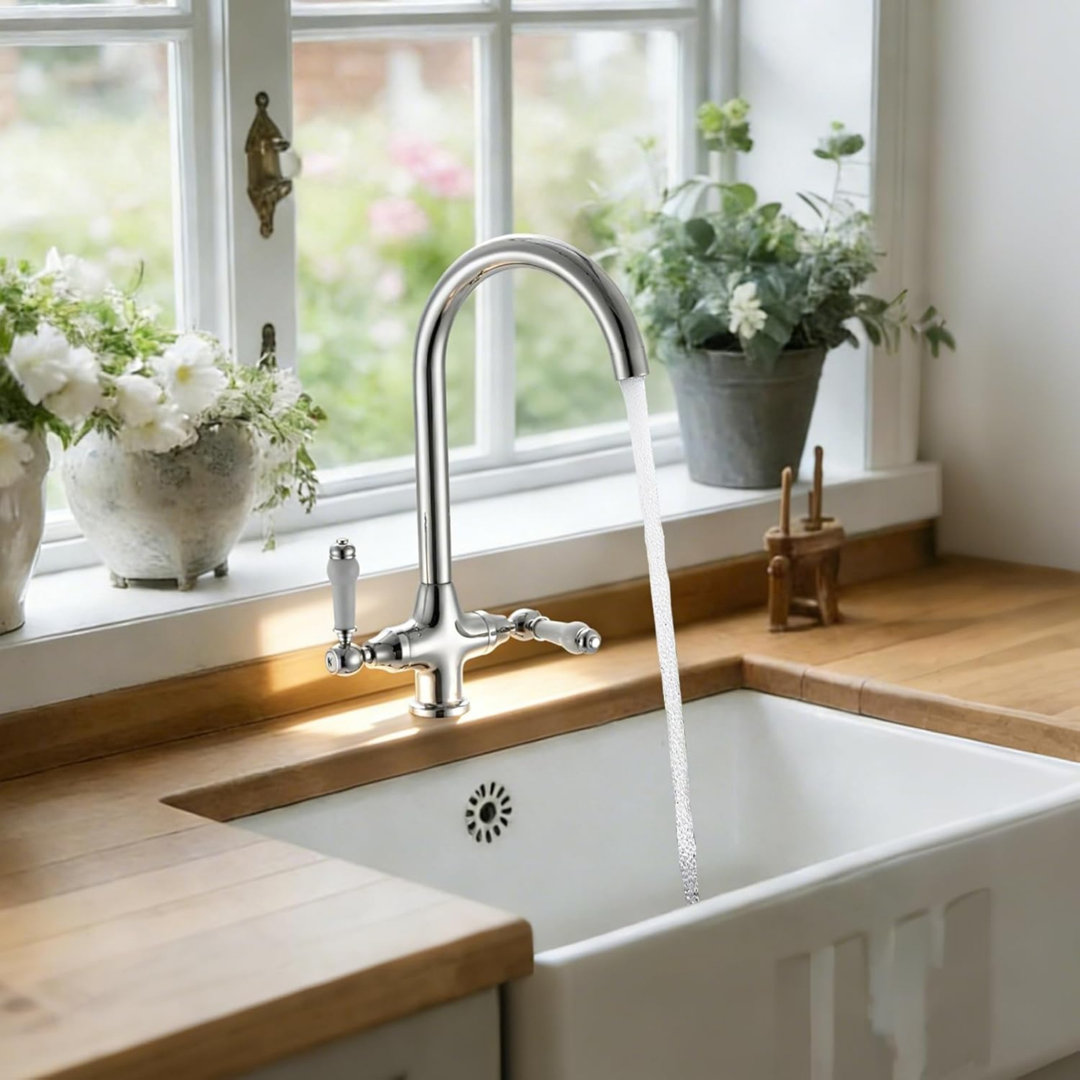 Kitchen Sink Mixer Tap with Ceramic Dual Lever,1 Hole Brass Chrome Swivel Mono Sink Faucet with Flexible Hoses