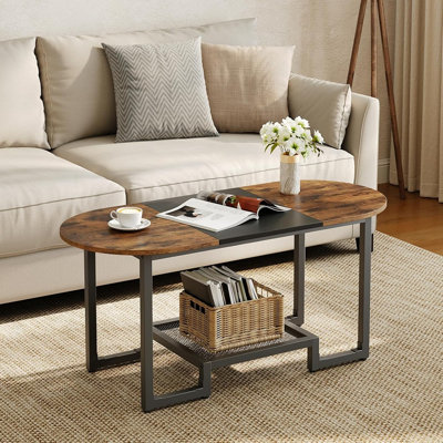 Petite table basse ovale avec tablette de rangement à 2 niveaux, table centrale étroite moderne pour les petits espaces, le salon, la chambre à coucher ou le bureau (brun rustique)