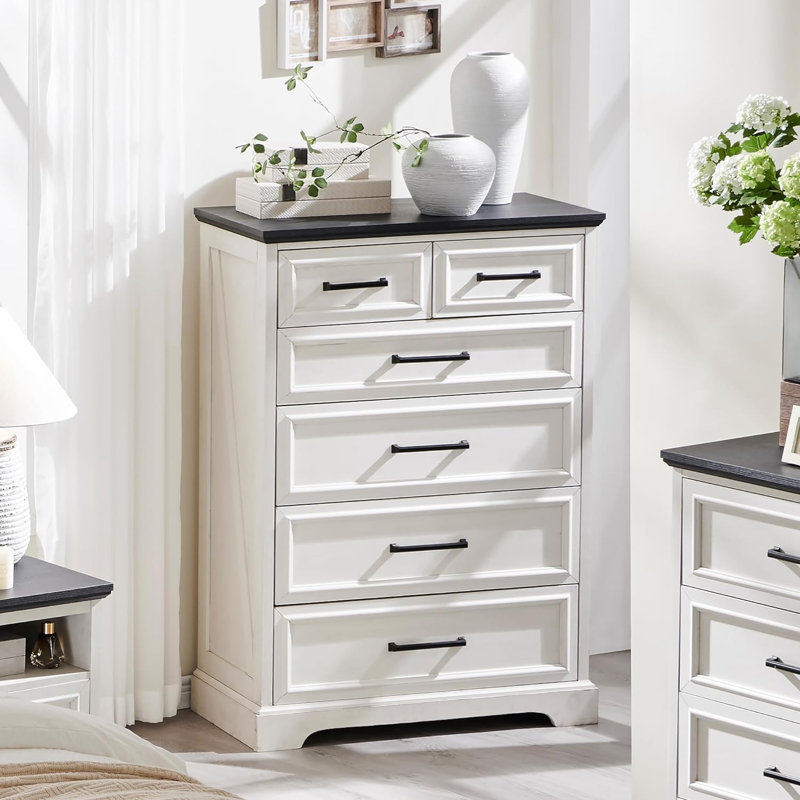 Deavion 44" Farmhouse 6 Drawer Dresser, Wide Chest of Drawers for Bedroom, White/Black