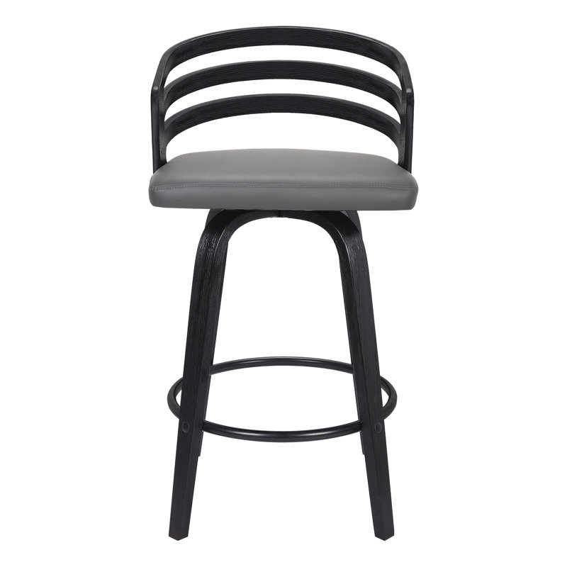 Dawit Swivel Faux Leather Counter & Bar Stool with Wood Legs and Metal Footrest, Black, Grey Faux Leather