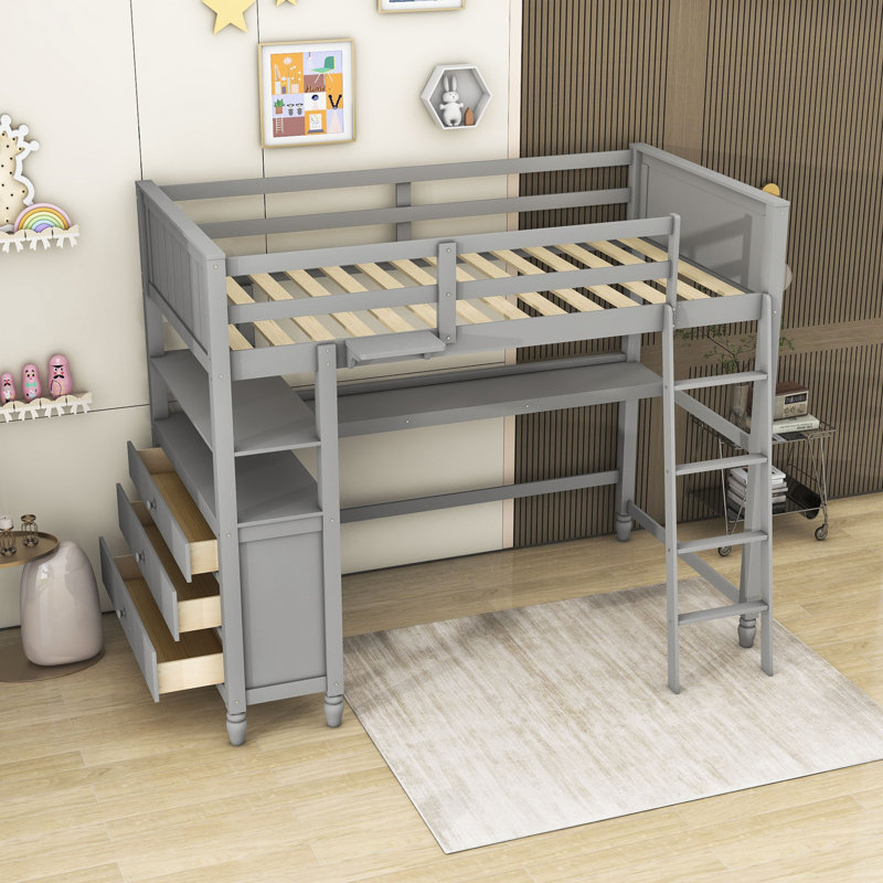 Gamel Kids Twin Loft Bed with Drawers, Gray