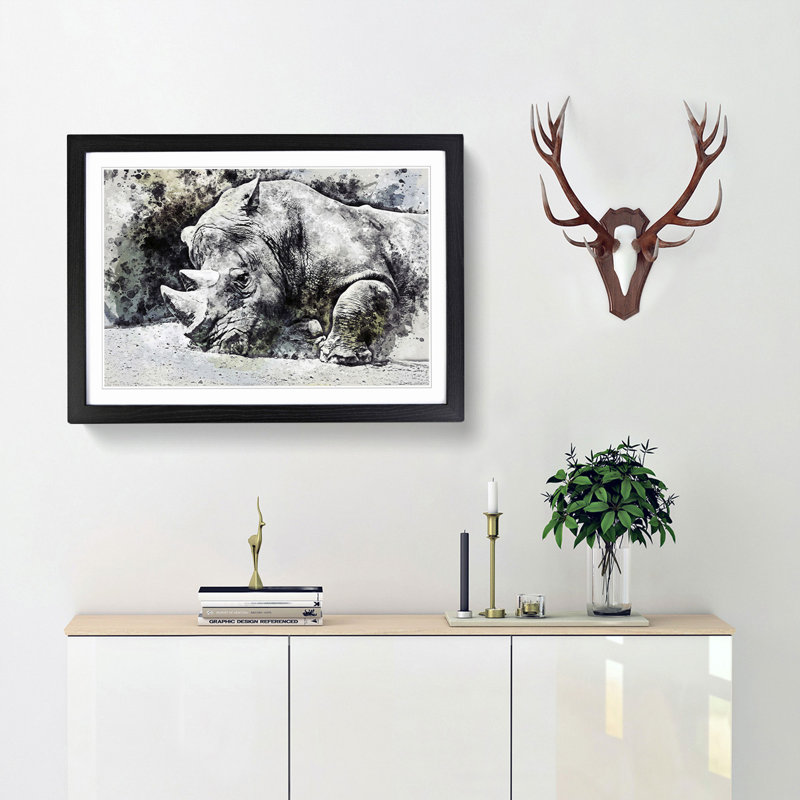 Resting Rhino in Abstract - Picture Frame Painting Print, Black Framed, 48cm H x 65cm W x 2cm D