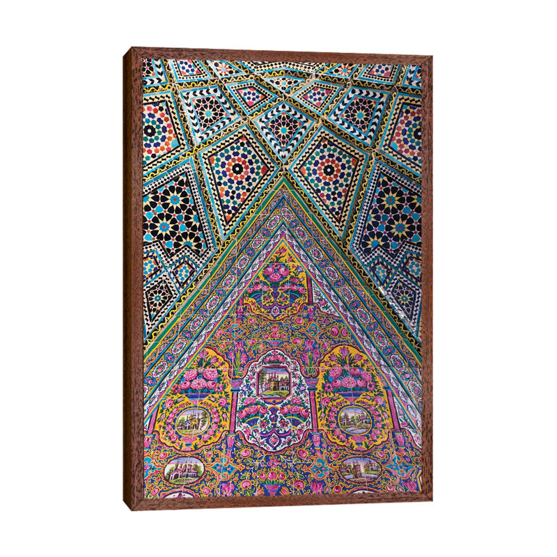Iran, Shiraz, Nasir-Al Molk Mosque, Exterior Tilework by Walter Bibikow - Print on Canvas, Classic Brown Wood Framed