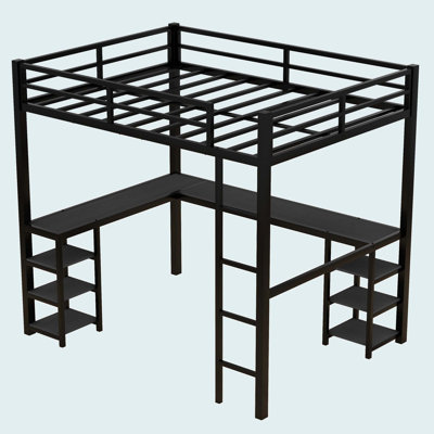 Lit mezzanine double en métal avec bureau et tablettes, lit mezzanine avec échelle et garde-corps, cadre de lit mezzanine pour chambre à coucher, noir avec bureau noir