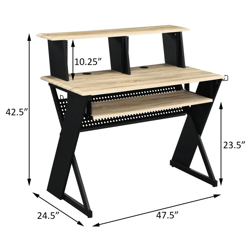 Bureau naturel et noir avec support pour écouteurs, étagères de gestion des câbles pour sessions musicales au bureau, plateau pour clavier d'ordinateur, musiciens