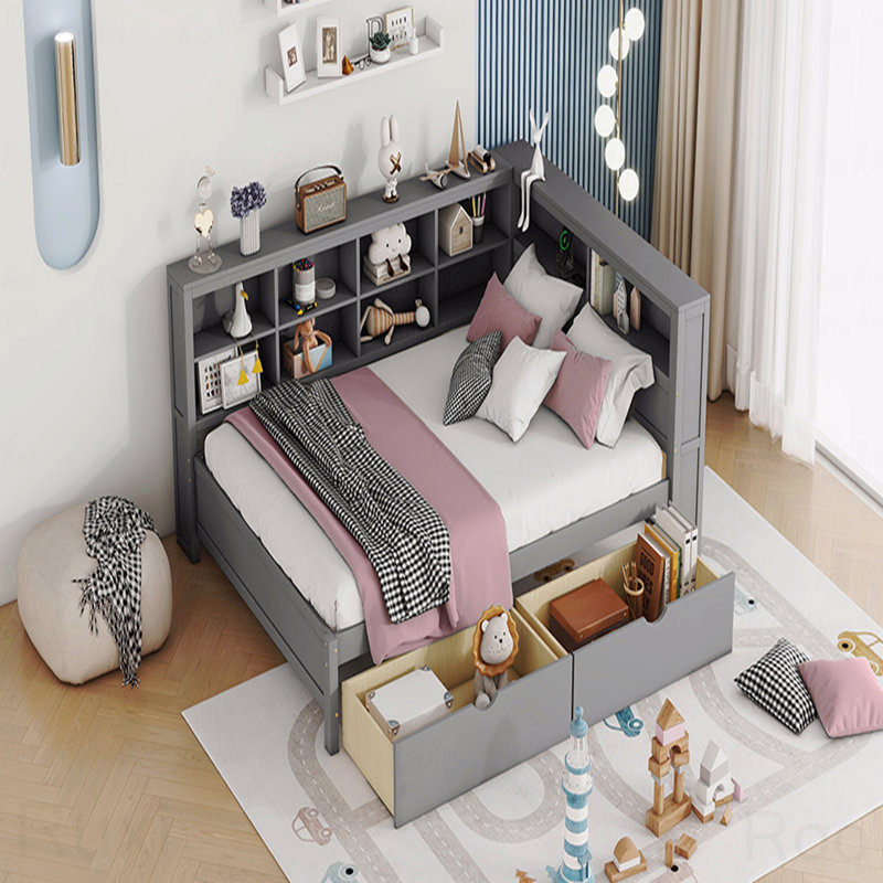 Structure de lit de jour double en bois, 2 tiroirs, tablette de rangement, USB, Gris