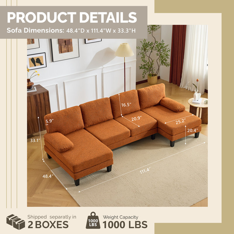 Canapé modulaire 110 po en chenille orange, Chenille orange