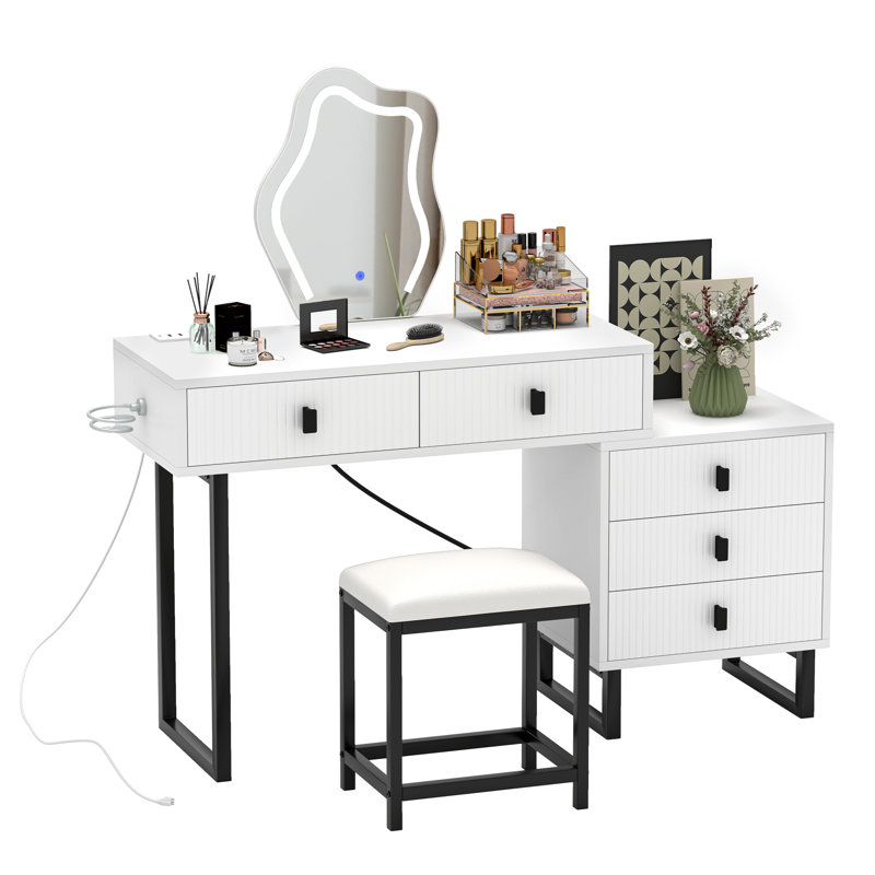 Elegant LED Makeup Vanity with Ample Storage, Adjustable Design, and Built-In Charging Station, Black