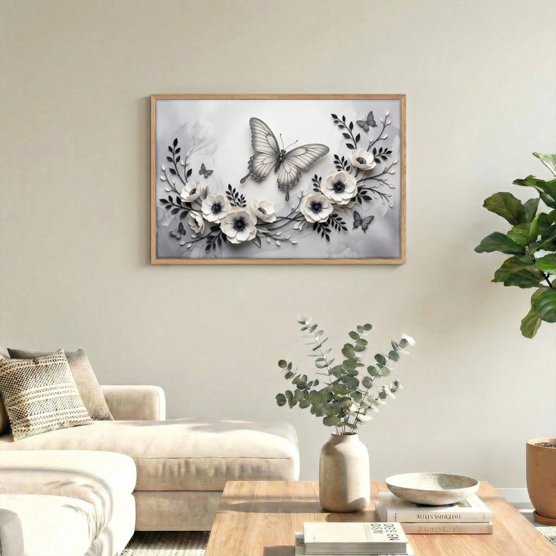 Ensemble de 1 tableau mural sur toile à motif floral papillon, H 28 po x l 40 po, Natural