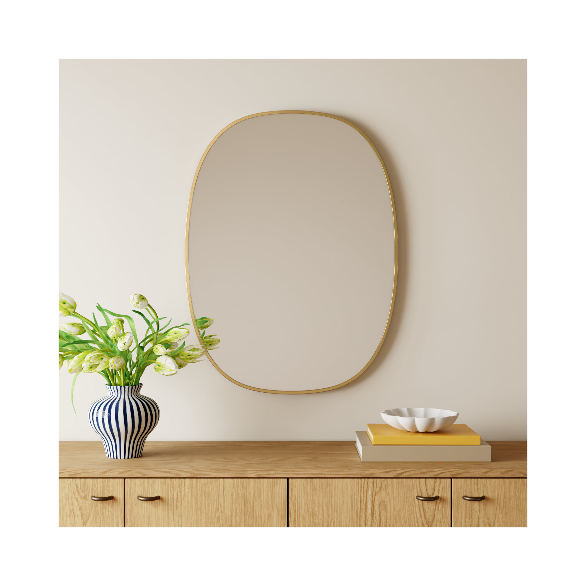 Sabine Metal Curved Oval Wall Mirror, 36" x 27", Brass
