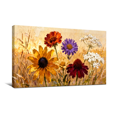 Plantes et fleurs, fleurs sauvages colorées dans un champ doré, art sur toile